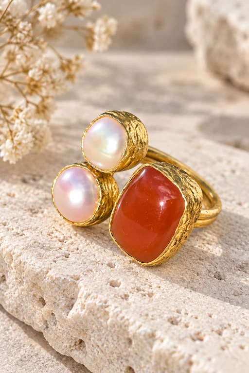 anillo-ajustable-con-piedra-de-cornalina-perla-y-bronce Anillo ajustable con piedra de Cornalina, perla y bronce
