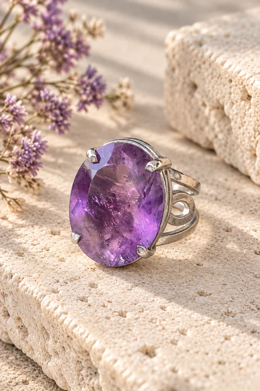 Anillo ajustable con piedra facetada de Amatista y latón