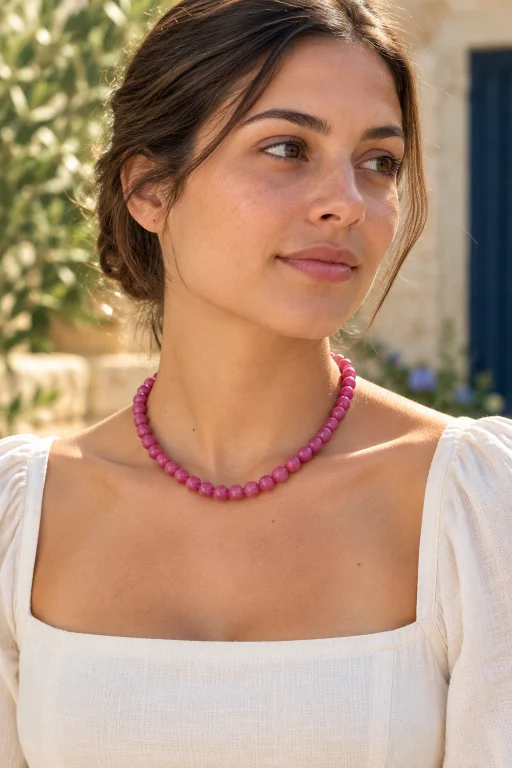 chica-con-collar-de-piedras-de-bolas-de-aventurina-rosa-capote Collar de piedras de bolas de Aventurina rosa capote