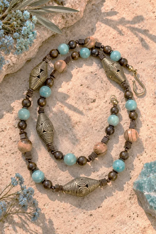 Collar de Amazonita, Broncita y detalles en bronce