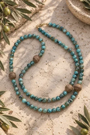 Collar de Amazonita verdosa y cuentas grandes de madera