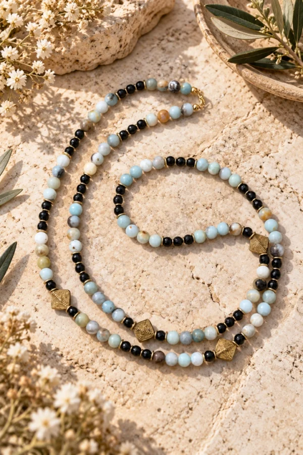 Collar de Amazonita y Turmalina negra con bronces