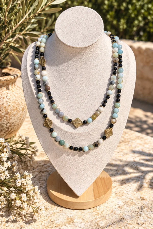 Collar de Amazonita y Turmalina negra con bronces