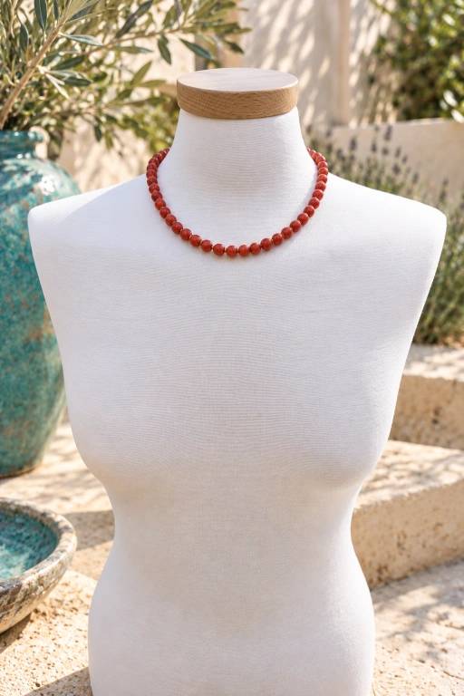 Collar de bolas de Coral manzana y detalles dorados