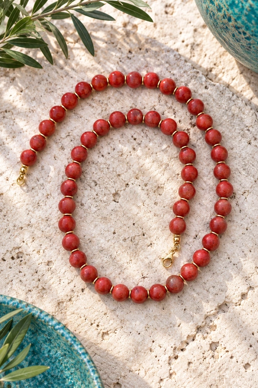 Collar de bolas de Coral manzana y detalles dorados