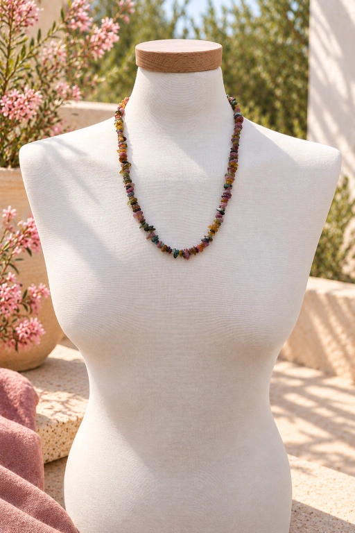 collar-de-chips-de-piedras-de-turmalina-multicolor-busto Collar de chips de piedras de Turmalina multicolor