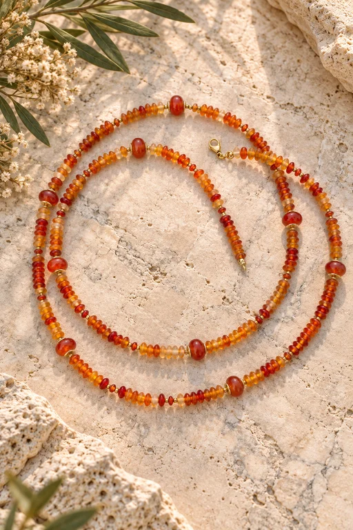 Collar largo de cuentas de Cornalina y detalles dorados