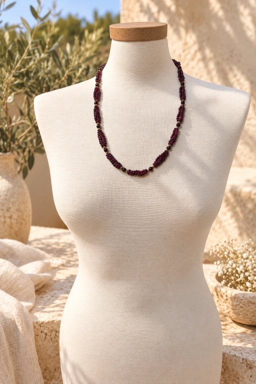 Collar triple hilo de bolas de Granate y detalles dorados