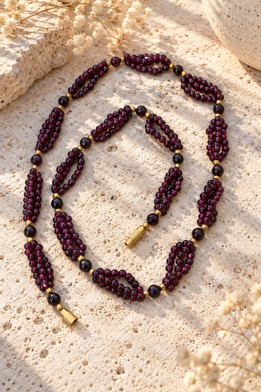 Collar triple hilo de bolas de Granate y detalles dorados
