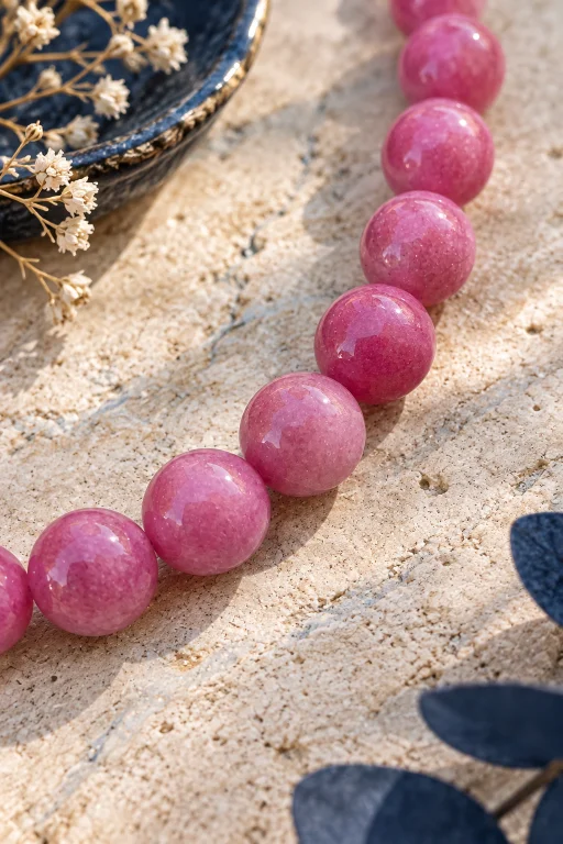 detalle-collar-de-piedras-de-bolas-de-aventurina-rosa-capote Collar de piedras de bolas de Aventurina rosa capote