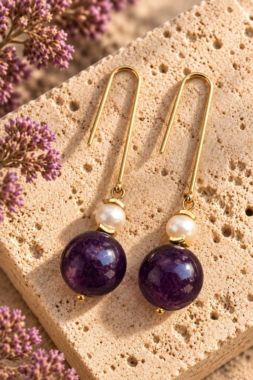 Pendientes de bola de Amatista y perla natural