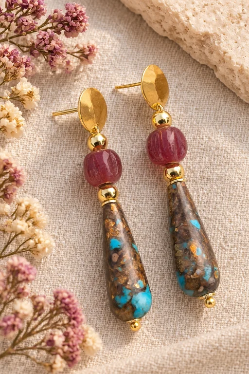 Pendientes de Broncita en resina y vidrio artesanal