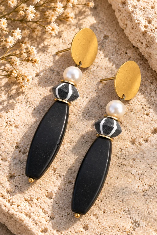 Pendientes de Ónix, Cuerno y Perla natural