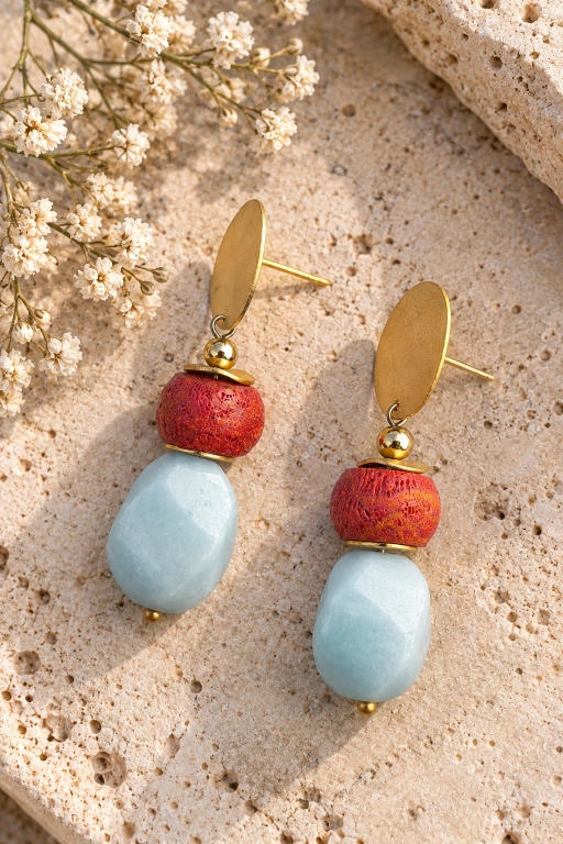 Pendientes de piedras de Aventurina celeste y Coral