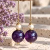 Pendientes de bola de Amatista y perla natural