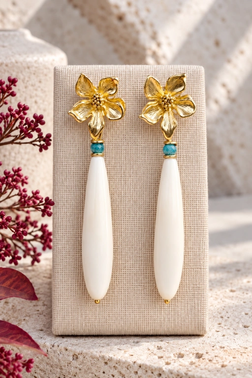 Pendientes de Hueso, Aventurina azul y enganche de flor