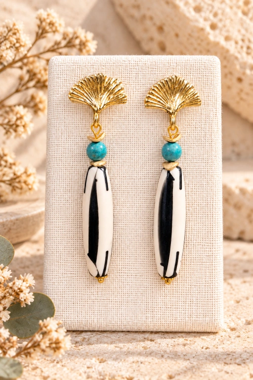 Pendientes de Hueso pintado y Turquesa natural