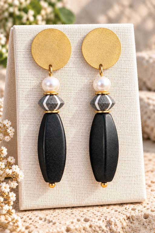Pendientes de Ónix, Cuerno y Perla natural