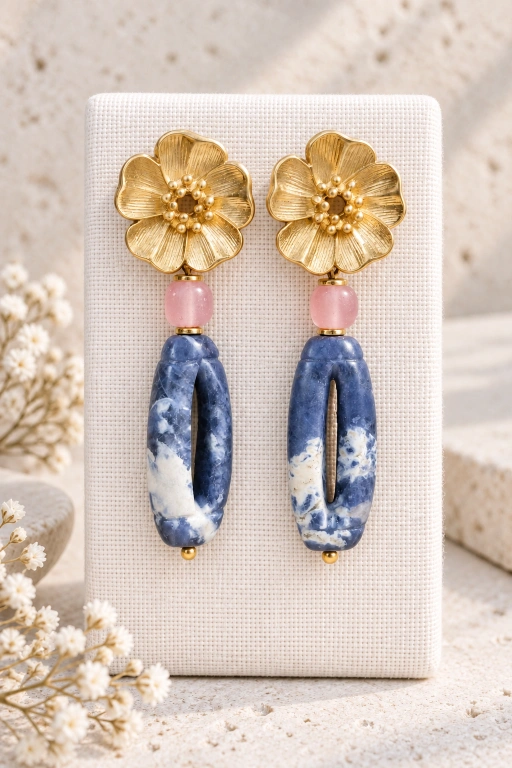 Pendientes de Sodalita, vidrio artesanal y enganche de flor