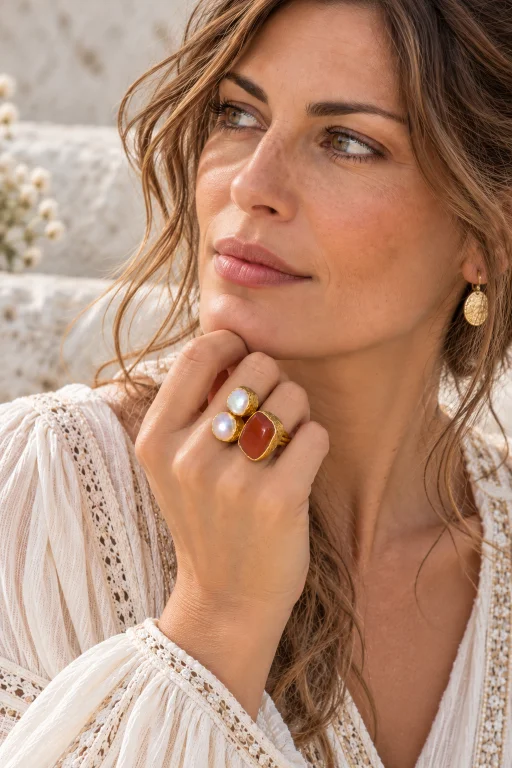 mujer-con-anillo-ajustable-con-piedra-de-cornalina-perla-y-bronce Anillo ajustable con piedra de Cornalina, perla y bronce