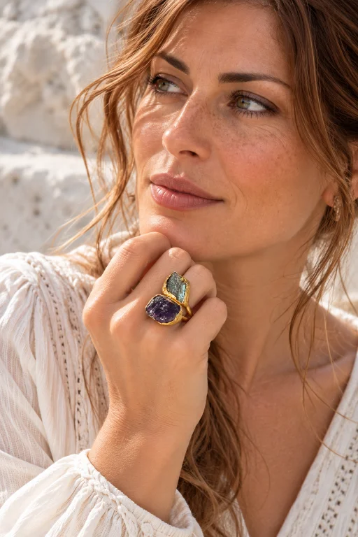 mujer-con-anillo-ajustable-de-amatista-y-labradorita-con-bronce Anillo ajustable de Amatista y Labradorita con bronce