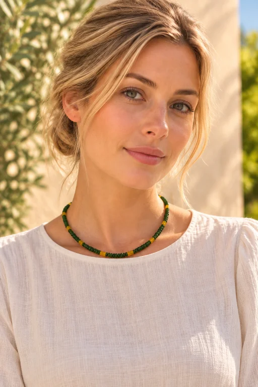mujer-con-collar-de-piedras-de-aventurina-verde-y-amarilla Collar de piedras de Aventurina verde y amarilla
