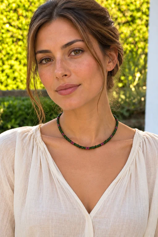Collar de piedras de Aventurinas verde y rosa rubí