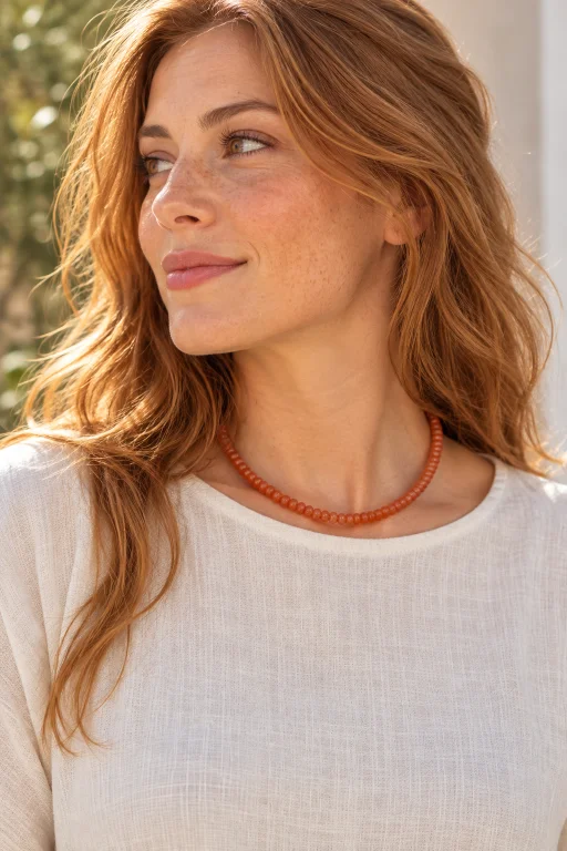 mujer-con-collar-tipo-choker-de-donuts-de-aventurina-naranja Collar tipo choker de donuts de Aventurina naranja