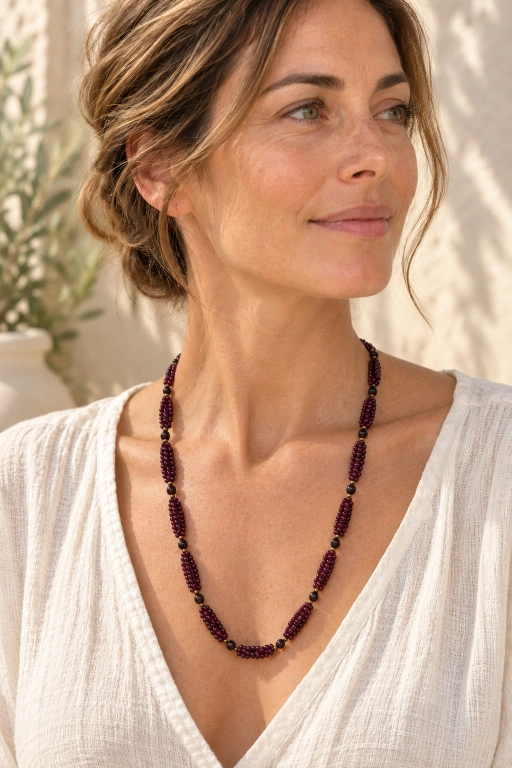 Collar triple hilo de bolas de Granate y detalles dorados