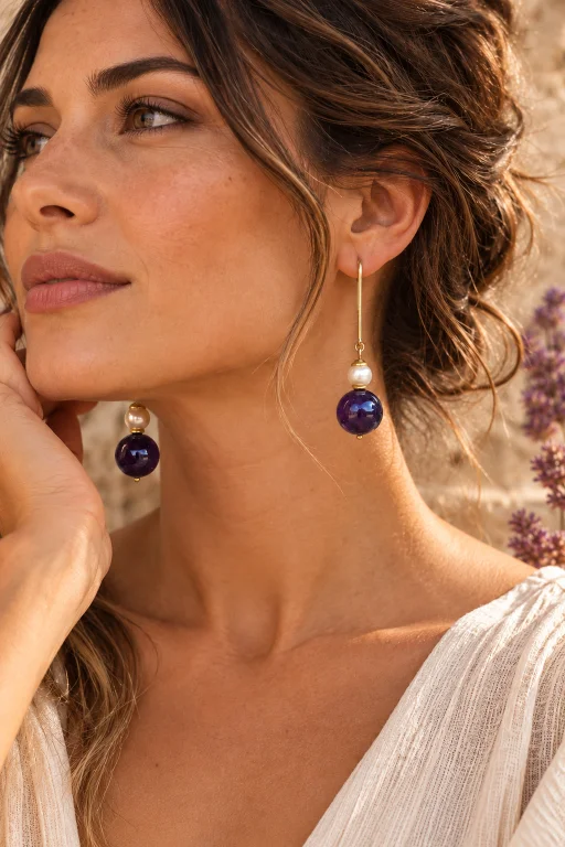 Pendientes de bola de Amatista y perla natural