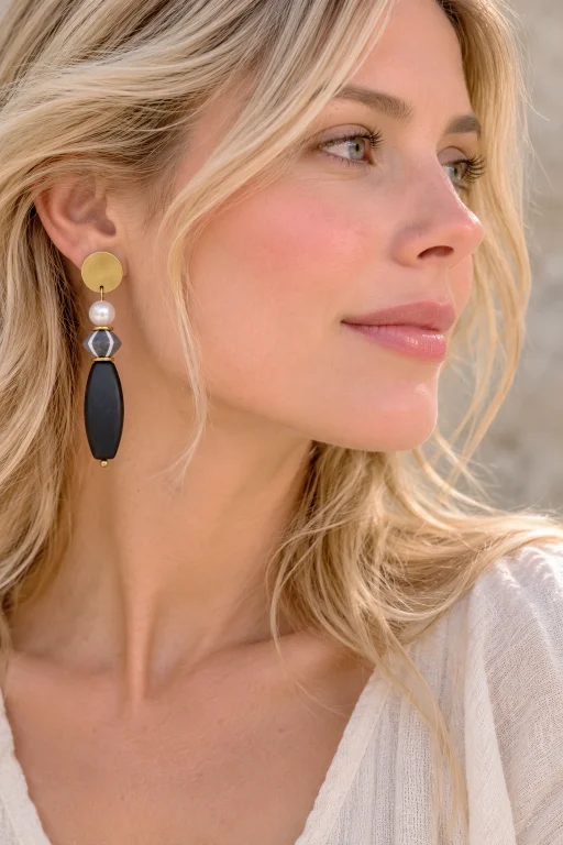 Pendientes de Ónix, Cuerno y Perla natural