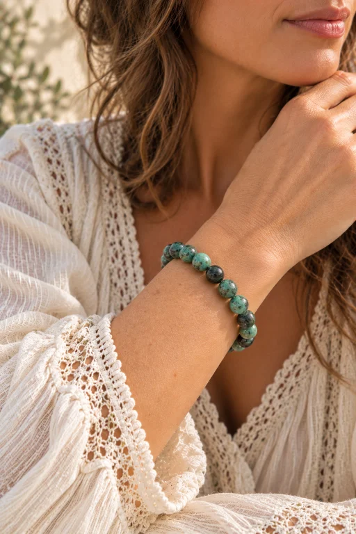 mujer-con-pulsera-de-amazonita-verdosa-piedra-natural-bola-8-5-mm Pulsera de Amazonita verdosa, piedra natural bola 8.5 mm.