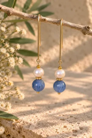 pendientes-de-bolas-de-cianita-y-perla-natural Pendientes de bolas de Cianita y Perla natural