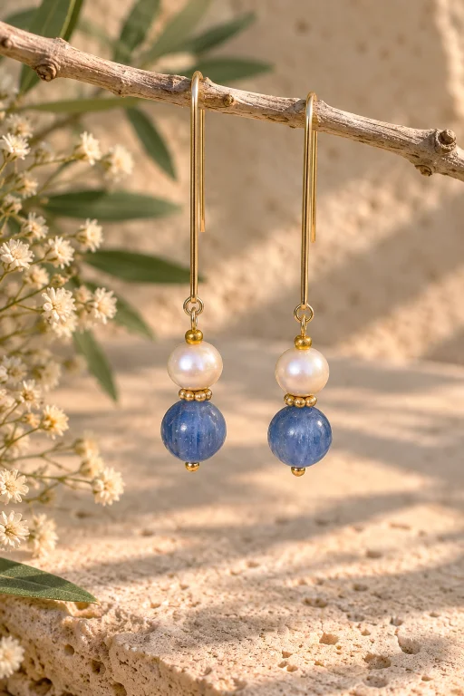 Pendientes de bolas de Cianita y Perla natural