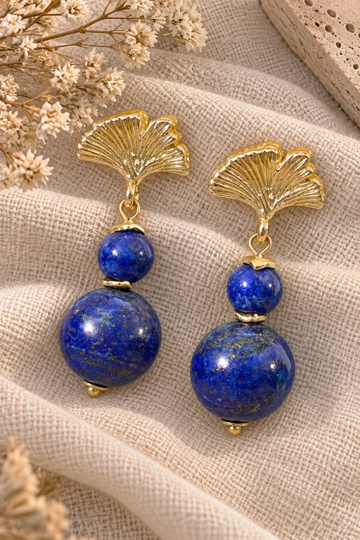 Pendientes de Lapislázuli con enganche de hoja de Ginkgo.