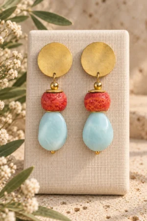 Pendientes de piedras de Aventurina celeste y Coral
